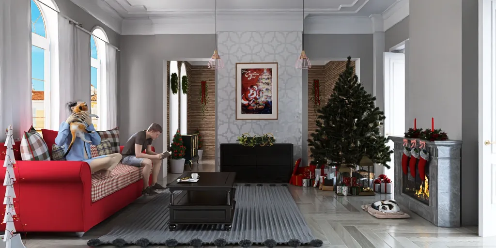a living room with a couch, coffee table and a christmas tree 