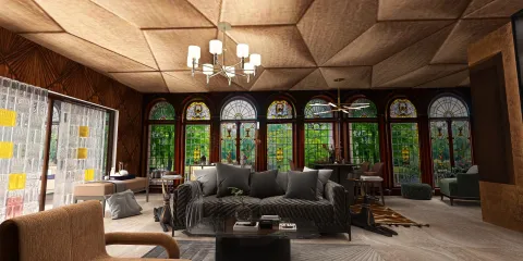 living room with elegant furnishings featuring intricate stained glass windows, showcasing a modern design style, highlighting the use of Homestyler's real-time 3D rendering feature for an immersive interior design experience.