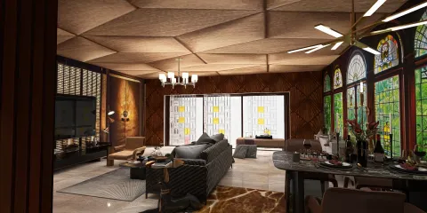 luxurious living room showcasing interior design with relaxing seating arrangement in a contemporary style, featuring Homestyler's real-time 3D rendering for an accurate preview of the decor.