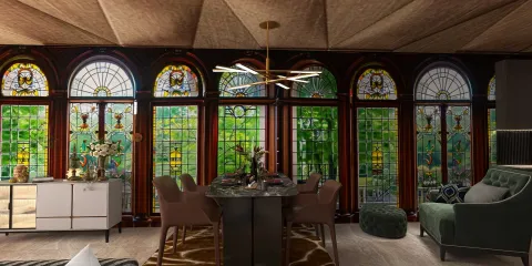 luxurious dining area featuring elegant stained glass windows, enhancing the modern interior decor with a focus on ambient lighting and richness, showcasing the 3D rendering capability of Homestyler.