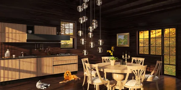 wooden dining area featuring a stylish round table and chairs surrounded by modern lighting fixtures, showcasing interior design for cozy kitchens; utilizing Homestyler's real-time 3D rendering for effective design presentation.