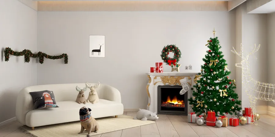 a christmas tree with a fire place and a dog 