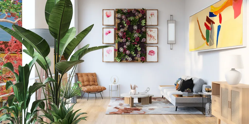 a living room with a table and a plant 