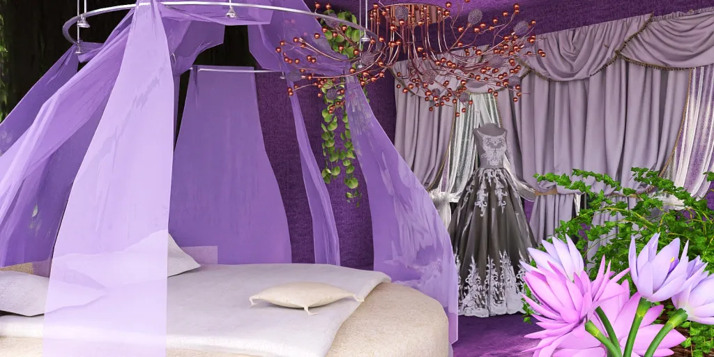 a room with a purple curtain and a purple flower arrangement 