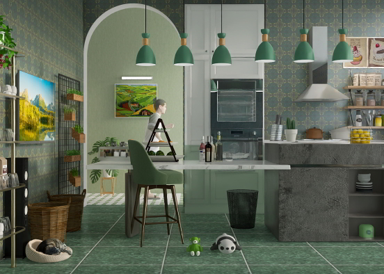modern green kitchen  Design Rendering