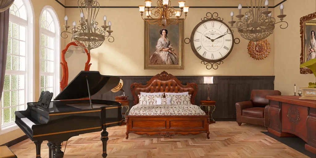 a living room with a large clock on the wall 