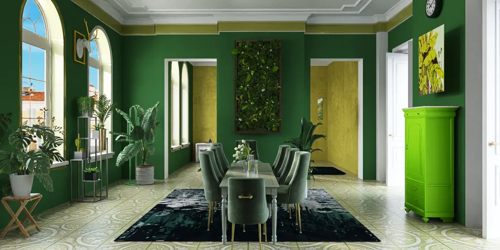 a room with a table and chairs and a green wall 