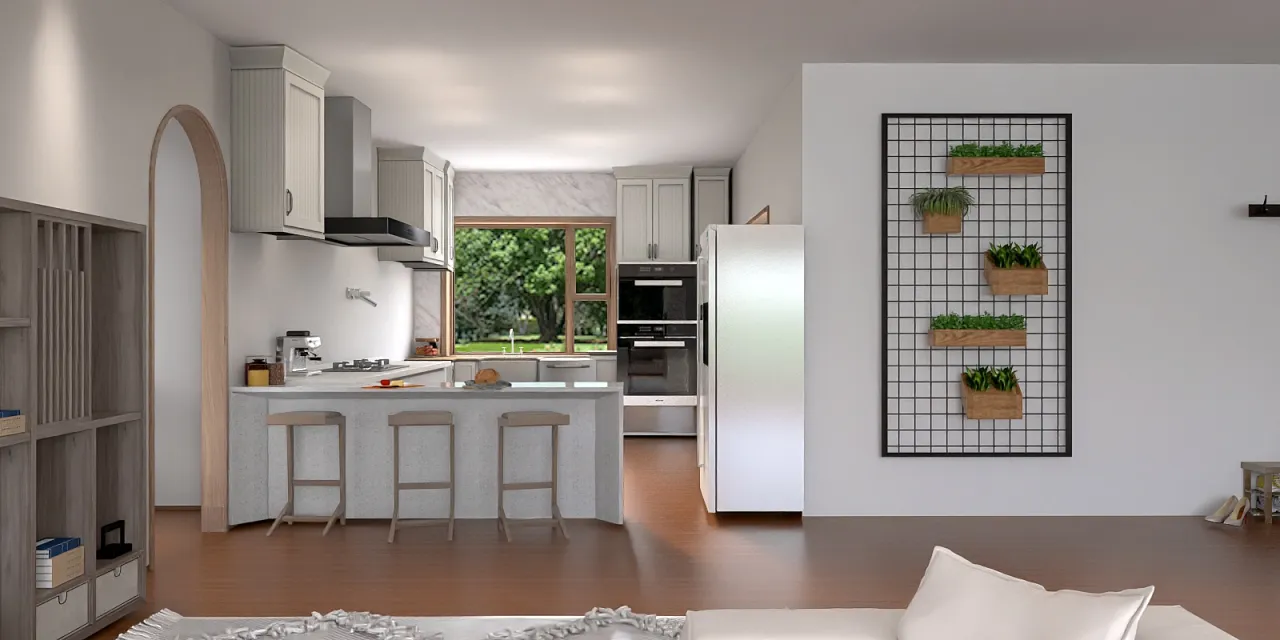 a kitchen with a refrigerator, sink, and cabinets 