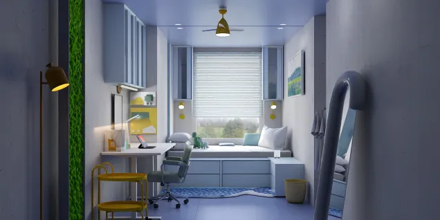 Blue and yellow small kid’s bedroom 