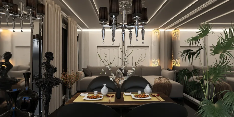 modern dining room with elegant table setting and stylish decor featuring smart furniture arrangement and cozy lighting
