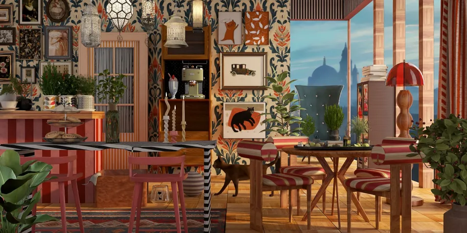 colorful dining area featuring eclectic furniture arrangement in a bohemian style, showcasing interior design with Homestyler's real-time 3D rendering feature.