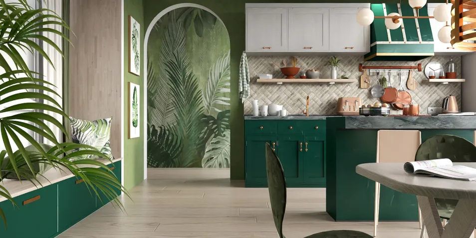Green kitchen interior design featuring tropical-themed wallpaper, showcasing a seamless blend of modern and natural elements, utilizing Homestyler's real-time 3D rendering to visualize the layout.