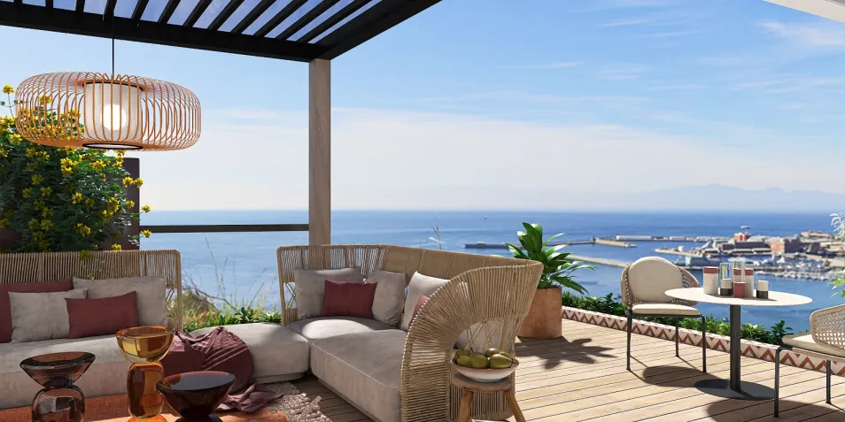 outdoor lounge area featuring modern rattan seating and a scenic ocean view, designed to create a relaxing atmosphere with homestyler's real-time 3D rendering feature.
