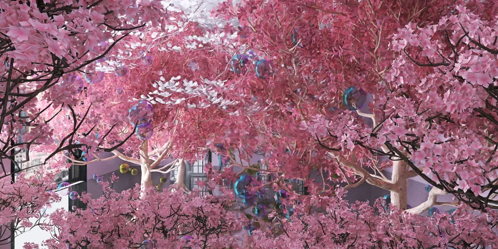 a large group of trees with pink flowers 
