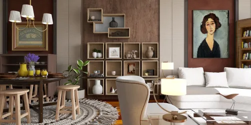 cozy living room with modern furniture arrangement featuring a circular dining table and stylish shelving in a contemporary style, showcasing Homestyler's real-time 3D rendering feature for interior design.