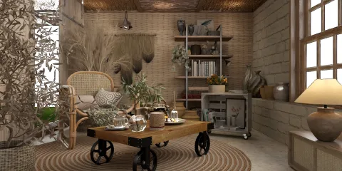 cozy living room with a rattan chair and wooden coffee table featuring plant decor in a rustic style, showcasing Homestyler's real-time 3D rendering for interior design visualization.