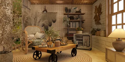 cozy living room with natural elements featuring a wooden coffee table and plants in a bohemian style creating a warm and inviting atmosphere; showcasing Homestyler's real-time 3D rendering feature for design proposal presentation.