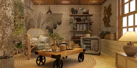 cozy living room with rustic furniture and plants, creating a warm atmosphere, featuring home interior design utilizing Homestyler's real-time 3D rendering for accurate previews