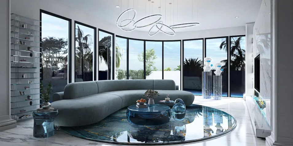 Contemporary living room design featuring a curvy sofa arrangement, showcasing a modern aesthetic with a focus on open space and natural light, utilizing Homestyler's real-time 3D rendering for an accurate design preview.
