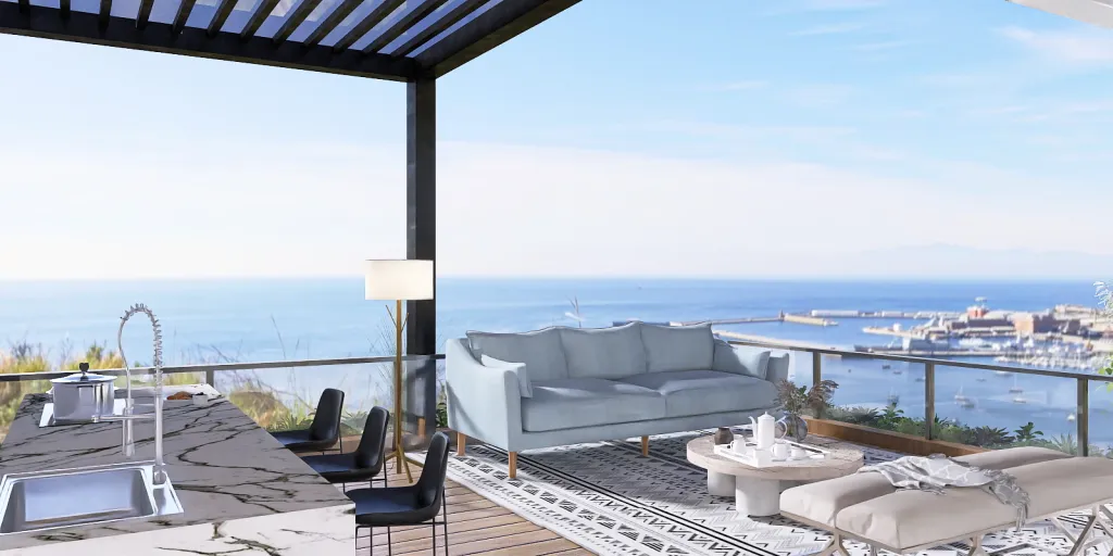 a large lounge area with a balcony overlooking the ocean 