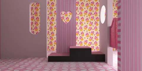 colorful room design with playful wallpaper featuring hearts and geometric patterns, showcasing the creative design action of interior decoration, in a whimsical style that enhances personal expression, utilizing Homestyler's real-time 3D rendering feature for quick visual previews.