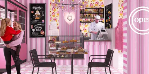 A colorful café interior showcasing a young mother with her child, engaging with the charming ambiance. The design features a bakery display filled with pastries and a chef behind the counter. Styled in a playful and vibrant theme, emphasizing a fun dining space for families. Utilizing Homestyler's real-time 3D rendering to visualize the interior layout.