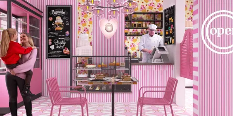 a bakery interior featuring a woman holding a child and a chef behind the counter arranging pastries, designed in a vibrant pink style with modern decor, showcasing Homestyler's real-time 3D rendering feature
