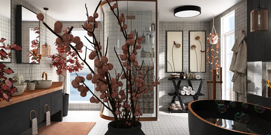 beautiful bathroom design with freestanding bathtub and modern fixtures featuring floral decor and natural elements, showcasing Homestyler's real-time 3D rendering for interior decor visualization.