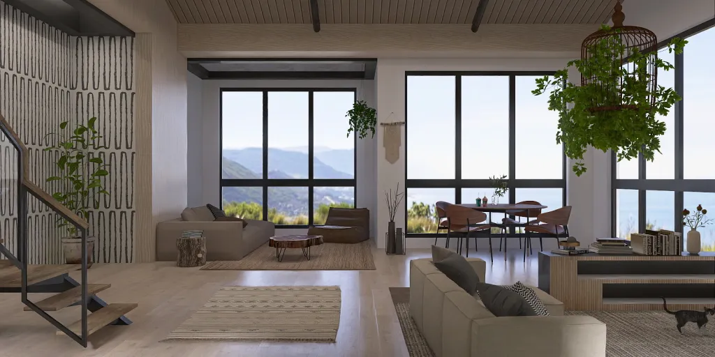 a living room with a large window and a large table 