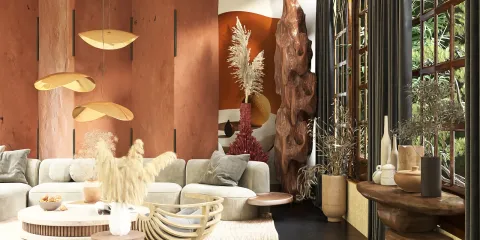 cozy living room design showcasing a modern aesthetic with earthy tones and natural materials, featuring smart furniture arrangement capability from Homestyler.