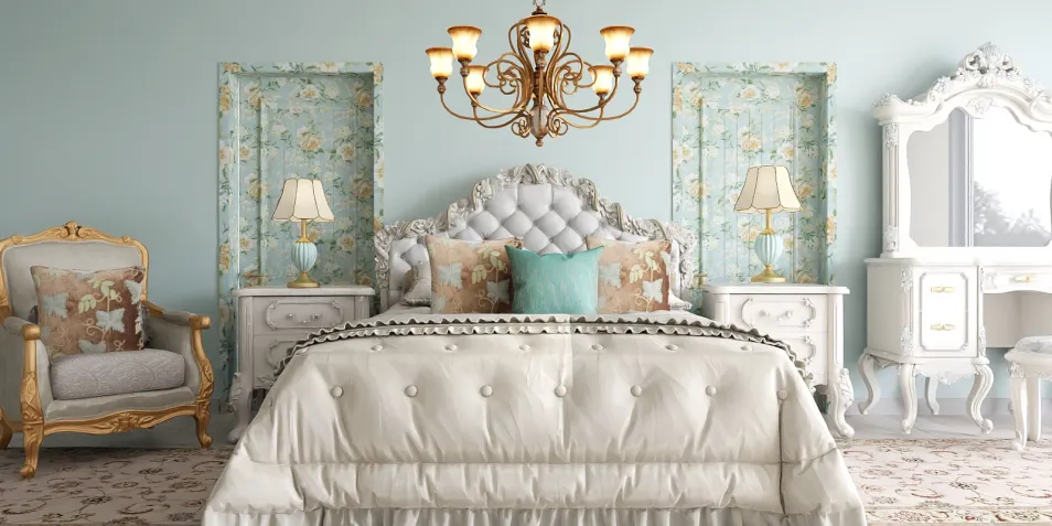 Elegant bedroom showcasing a luxurious bed arrangement with vintage accents, featuring a soft color palette and intricate facades; ideal for interior design inspiration using Homestyler's real-time 3D rendering.