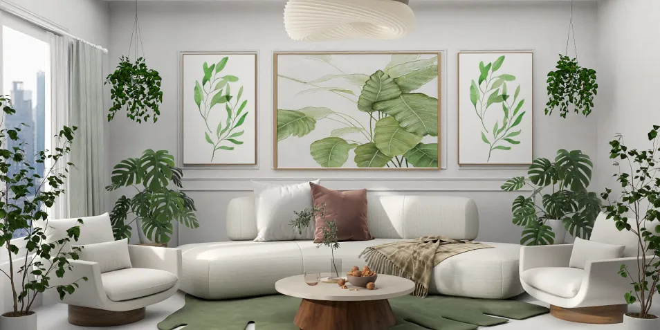 Modern white sofa with greenery decor and artwork showcasing leaf motifs in a bright living room, featuring smart furniture arrangement for optimal space usage with Homestyler's interior design functionality.