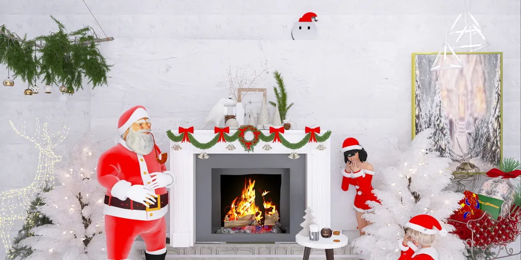 a fire place with a fireman and a christmas tree 