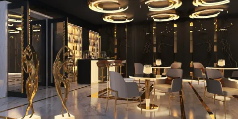luxurious bar area featuring elegant seating and artistic decor, showcasing a modern design style that enhances the ambiance of social spaces; includes Homestyler's real-time 3D rendering feature for visualizing design proposals.