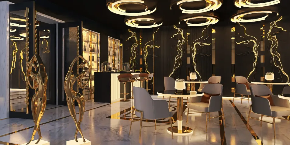 elegant dining area featuring golden sculptures and modern furniture, creating a luxurious atmosphere with a contemporary design, showcasing Homestyler's real-time 3D rendering feature.