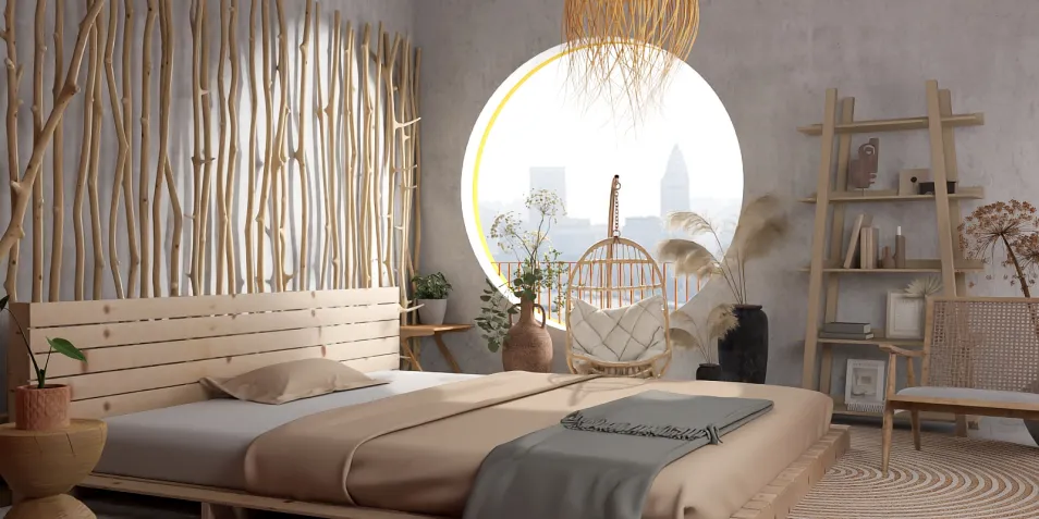 A serene bedroom atmosphere featuring a wooden bed and minimalistic décor, showcasing natural elements in a bohemian style, enhancing comfort and tranquility; created using Homestyler's real-time 3D rendering for effective interior design visualization.