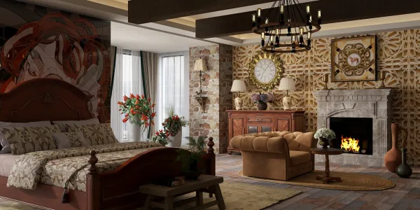 cozy bedroom interior featuring a vintage wooden bed and elegant seating area with a stylish fireplace and ornamental wall design, showcasing Homestyler's real-time 3D rendering for interior design visualization.