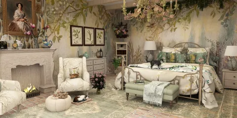 cozy bedroom interior featuring floral wallpaper and elegant furniture arrangement with a vintage style creating a serene atmosphere, showcasing Homestyler's real-time 3D rendering feature.