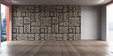 Interior design featuring a vibrant patterned wall with geometric designs, showcasing a modern aesthetic in an open space, utilizing Homestyler's extensive material library for surface customization.