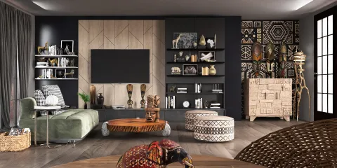 Contemporary living room design featuring a green sectional sofa, decorative art pieces, and a wooden coffee table, showcasing a modern style for enhanced interior decor. This design utilizes Homestyler’s real-time 3D rendering for visualizing renovation proposals.