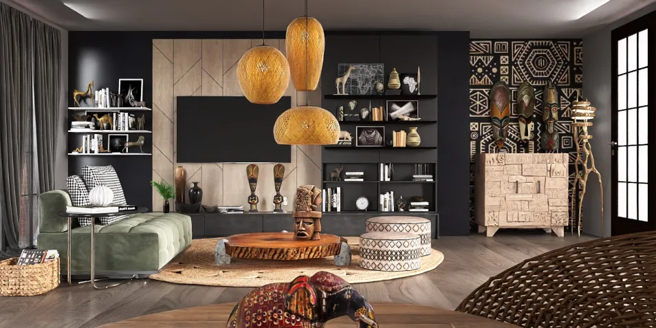 Cozy living room with ethnic decor enhancing the ambiance, showcasing interior design using Homestyler's realistic 3D rendering feature.