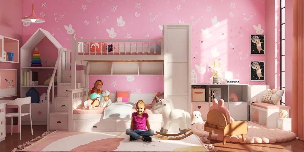 a little girl sitting on a bed in a room 