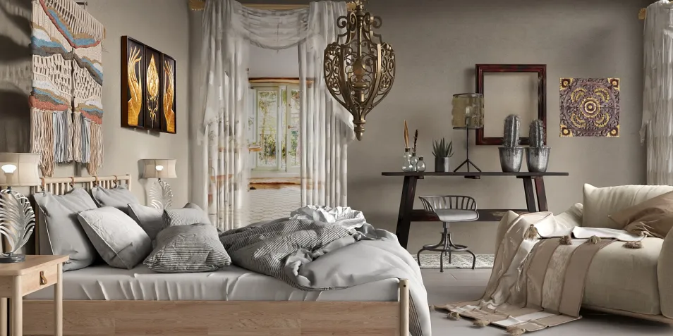 bedroom featuring a cozy bed arrangement with soft grey bedding, crafted in a modern rustic style, showcasing the interior value of comfort and tranquility using Homestyler's real-time 3D rendering for design proposal visualization.