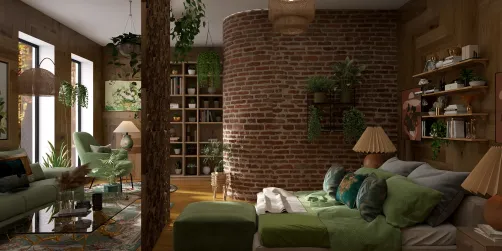 Cozy bedroom with lush greenery and rustic brick walls, showcasing a vibrant eco-friendly design aimed at creating a calming retreat, utilizing Homestyler's real-time 3D rendering feature.