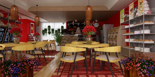 café interior design featuring wooden tables with yellow accents in a cozy layout, showcasing an inviting atmosphere; optimizing small space with Homestyler's real-time 3D rendering for effective design proposal presentation.