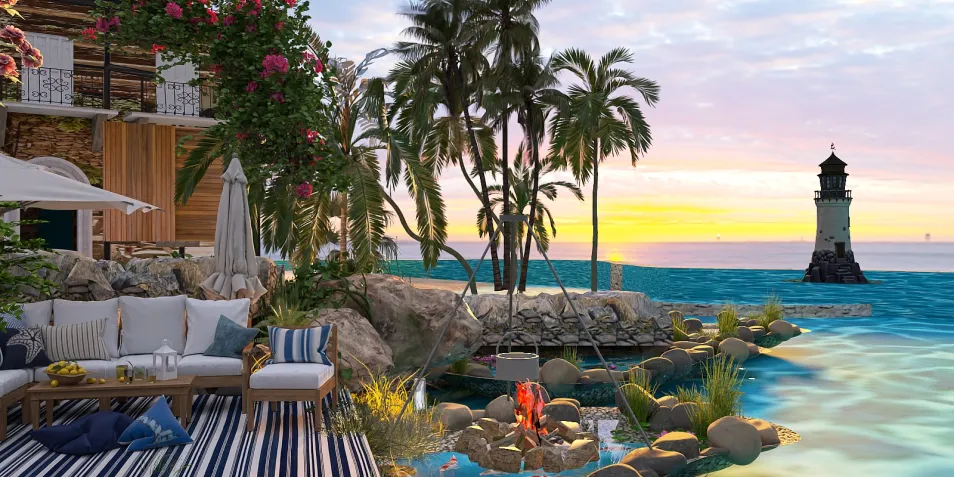 outdoor seating area with tropical plants and ocean view, showcasing a serene coastal style, ideal for relaxation, featuring Homestyler's real-time 3D rendering for design visualization.