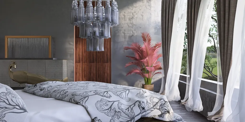 a bed with a bird on it and a vase with flowers 
