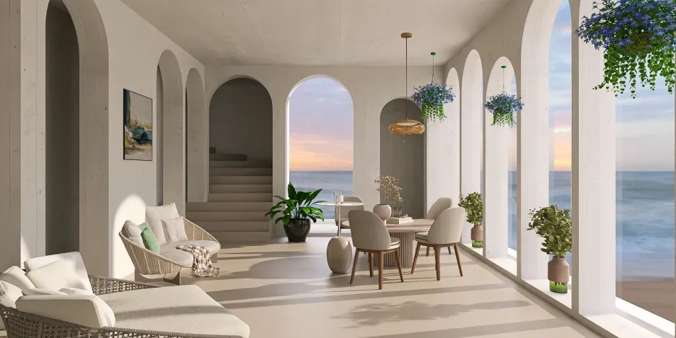 modern coastal living room design showcasing arched windows and natural light with a serene beach view, utilizing Homestyler's real-time 3D rendering for realistic previews.