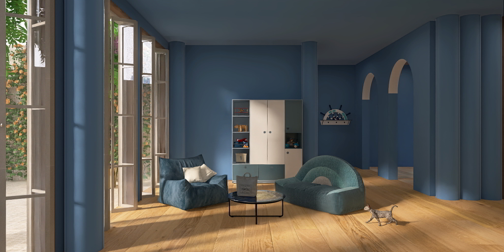 a living room with a blue couch and a blue chair 