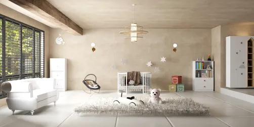 white-greyish baby room. rate this out of /10 and tell how many chances are there for me to become an interior designer.